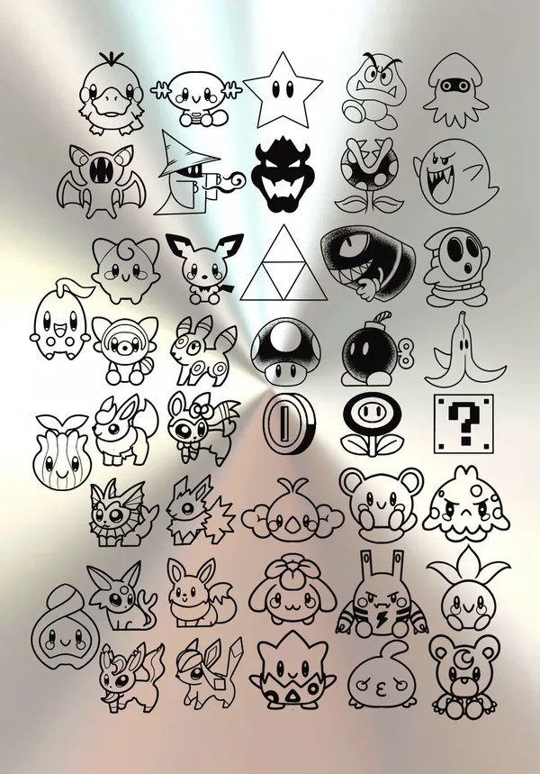 Wicked Wednesday mini tattoo flash sheet on brushed steel: about 45 small black linework designs inspired by classic video games, including a duck, star, Triforce, mushroom, coin, question block, ghost and small round-eyed creatures. by Derrick at Sting Studio Ottawa