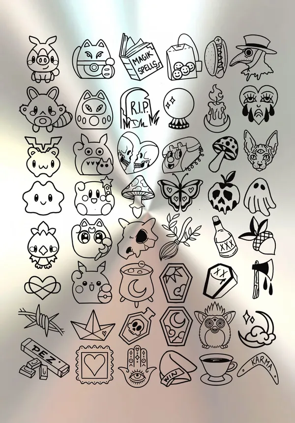 Wicked Wednesday mini tattoo flash sheet on brushed steel: 48 small black linework designs including a spell book, tombstone, crystal ball, drip candle, skull heart, rotary telephone, mushrooms, butterfly, poison apple, ghost, cauldron, coffins and a teacup. by Derrick at Sting Studio Ottawa