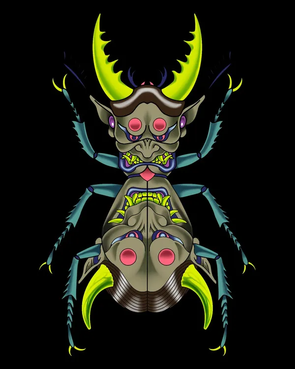 Hannya mask stag beetle colour tattoo flash, Sting Studio Ottawa
