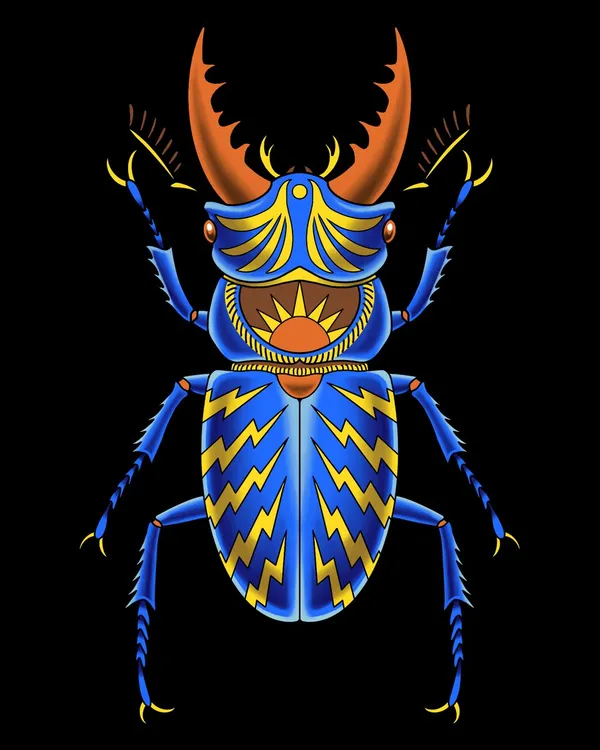 Ornate blue and gold stag beetle tattoo flash with sun motif, Sting Studio Ottawa