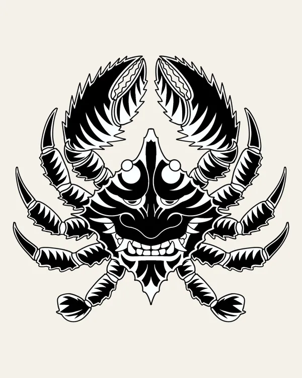 Blackwork crab with oni mask shell tattoo flash, Sting Studio Ottawa