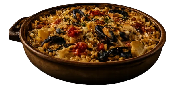 Tiella barese di riso patate e cozze