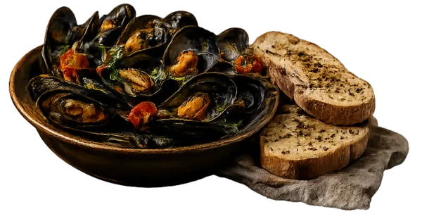 Impepata di cozze con bruschetta