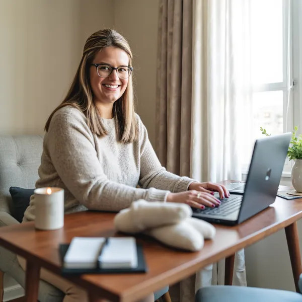 Steph Blake working at her computer