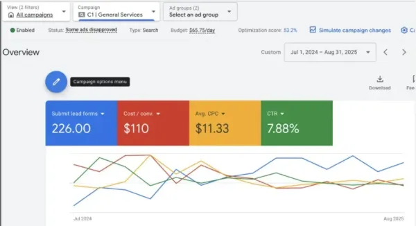 Google Ads overview showing 226 lead form submissions at $110 per conversion and 7.88% click-through rate