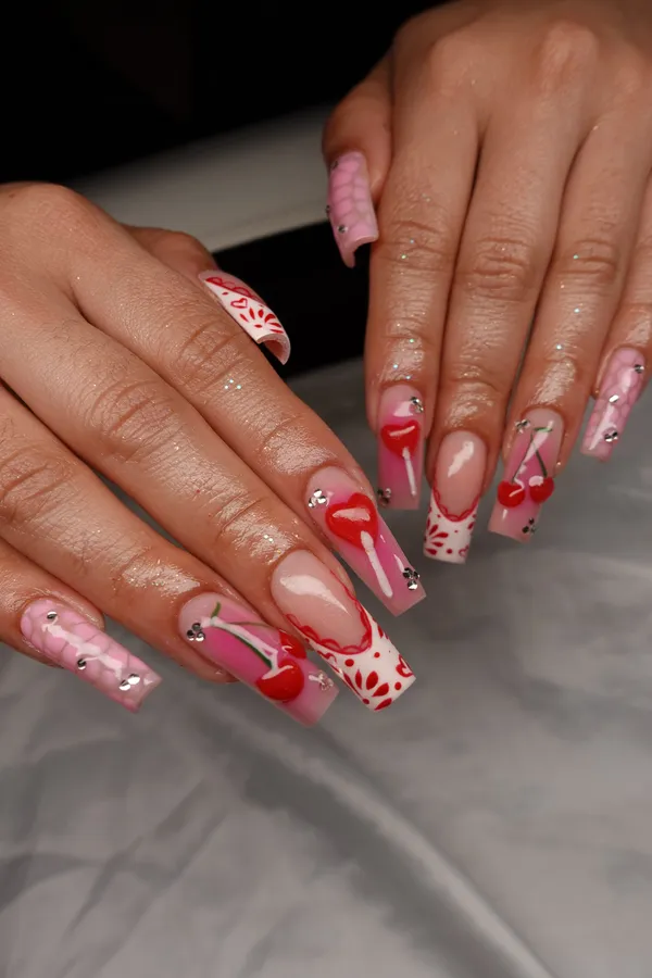 Red and pink heart nail art