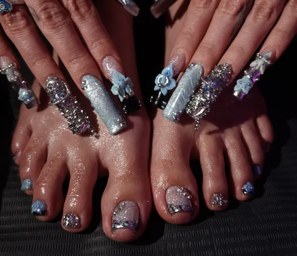 Icy blue chrome toes with 3D flowers and glitter
