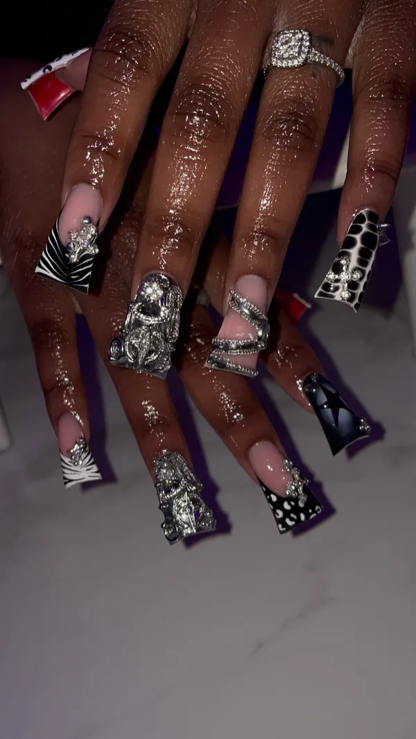 Black and silver bling nails with rhinestones and charms