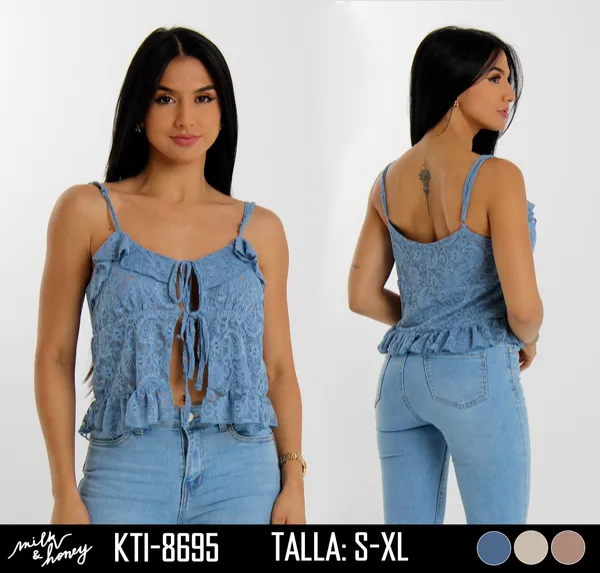 Milk & Honey Blusa de Mujer Azul Encaje Volado KTI-8695