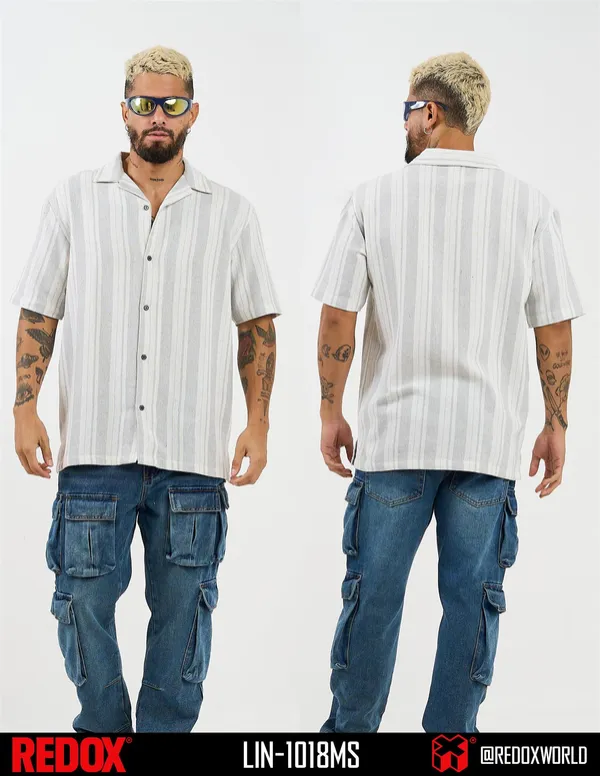 Redox Camisa de Hombre Rayas Grises Manga Corta LIN-1018MS