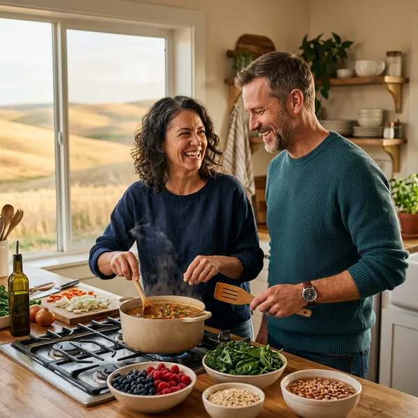 Couple in their 40s cooking a high-fiber lentil soup with berries, greens and beans in a sunlit kitchen overlooking the Palouse hills