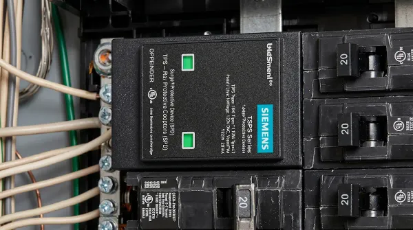 Surge protection device installed beside circuit breakers inside an electrical panel
