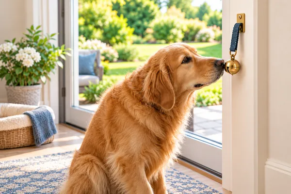A golden retriever touching a potty bell by the door