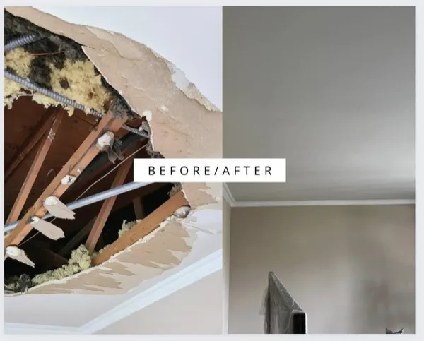 Before and after of a collapsed ceiling repaired and painted