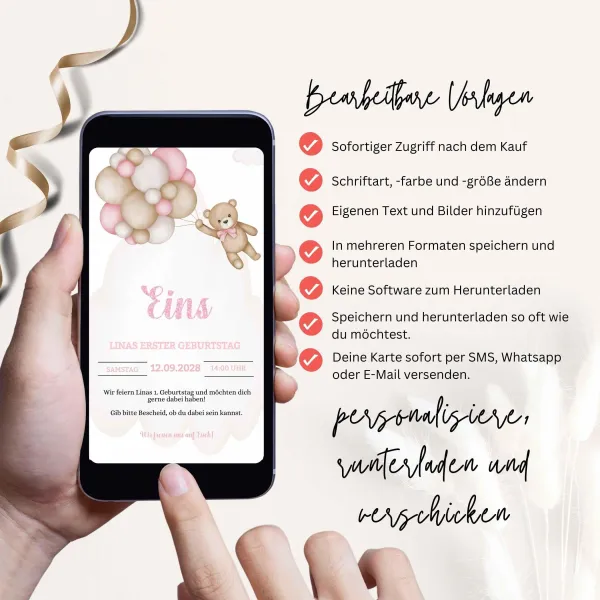 Rosa Teddybär Kinder Geburtstagseinladung Canva Vorlage – Bild 2