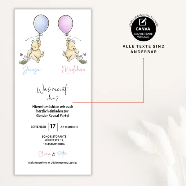 Winnie the Pooh Gender Reveal Party Digitale Einladung und Geschlechtsrate-Tafel, Junge oder Mädchen Einladung, WhatsApp Canva  – Bild 2