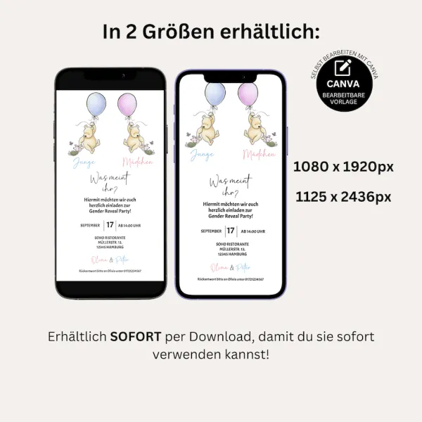 Winnie the Pooh Gender Reveal Party Digitale Einladung und Geschlechtsrate-Tafel, Junge oder Mädchen Einladung, WhatsApp Canva  – Bild 6