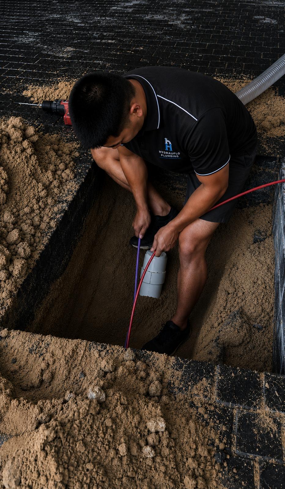 Plumber working in an excavated trench on pipework