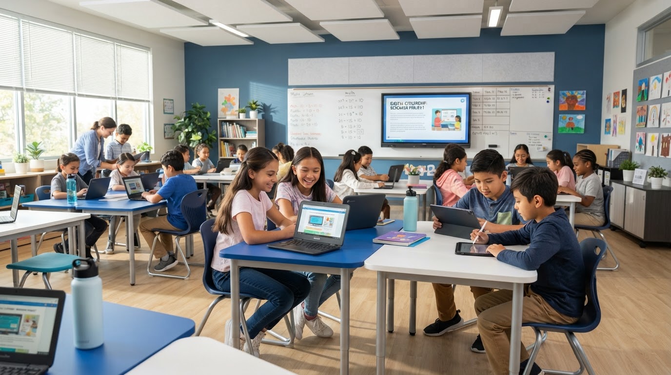 Students using Chromebooks and tablets in a bright classroom