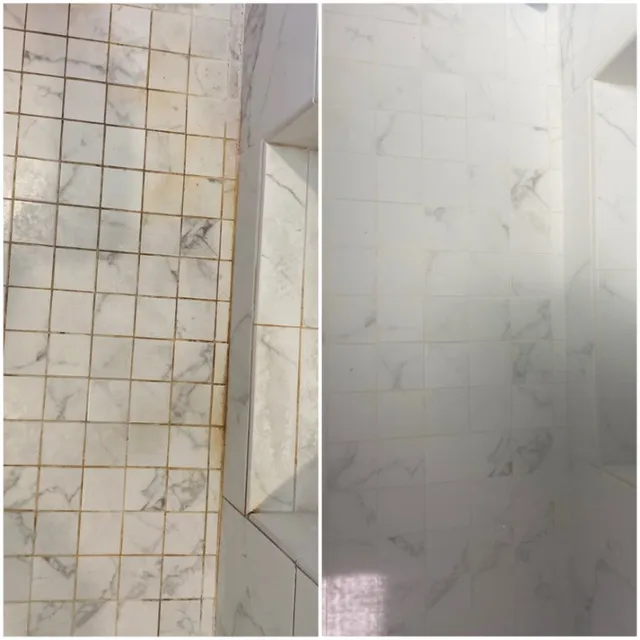Marble shower wall before and after professional tile and grout cleaning in South Bay CA
