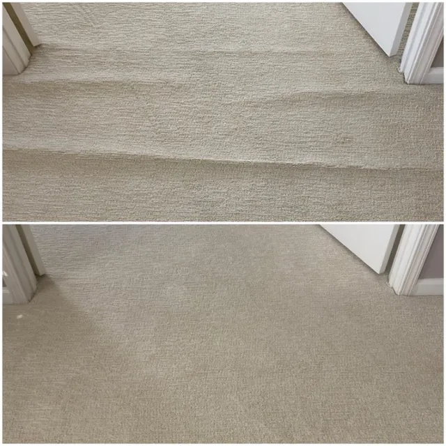 Carpet stretching and repair before and after showing buckled carpet restored to a flat surface in San Jose CA