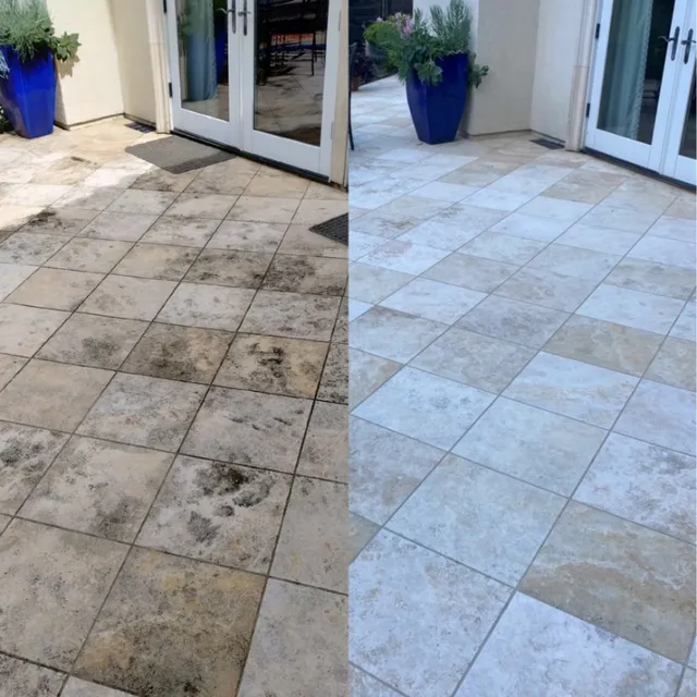 Outdoor travertine patio before and after professional pressure washing in South Bay CA