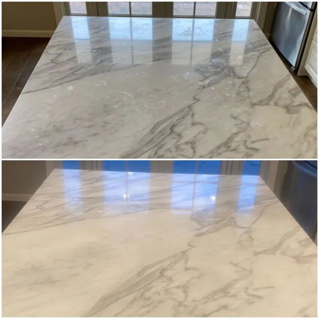 Marble countertop before and after professional polishing and sealing in San Jose CA