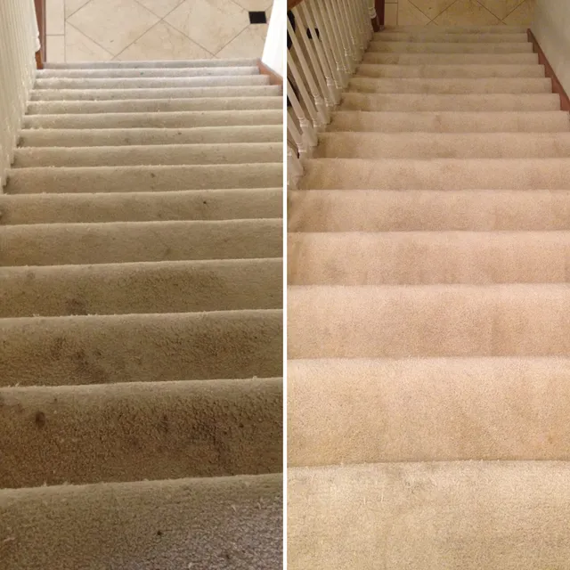Long staircase carpet before and after professional cleaning in San Jose CA