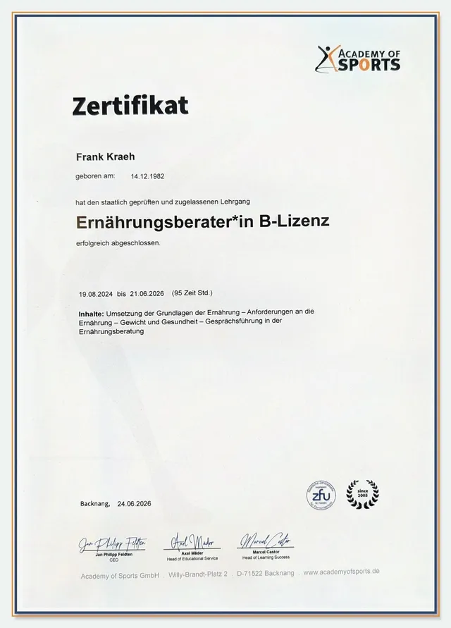 Zertifikat der Academy of Sports über den Lehrgang Ernährungsberater B-Lizenz für Frank Kraeh