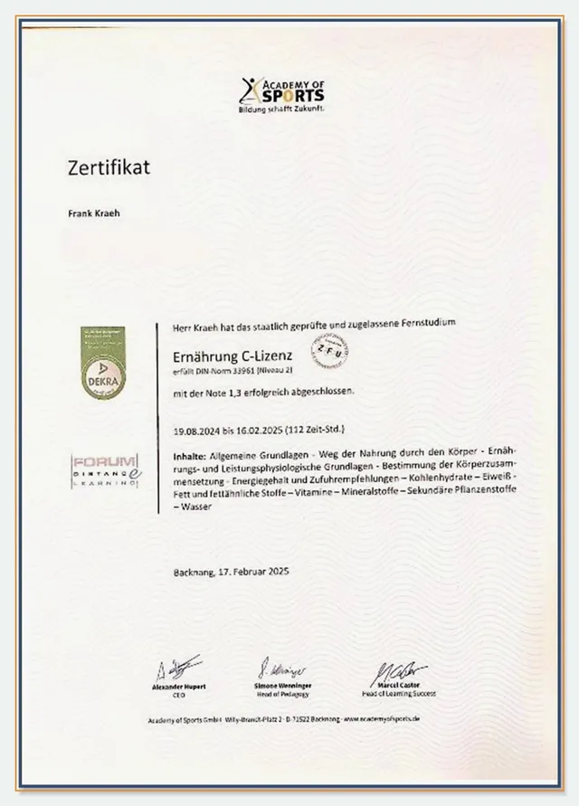 Zertifikat der Academy of Sports über das Fernstudium Ernährung C-Lizenz für Frank Kraeh