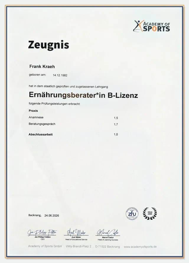 Zeugnis der Academy of Sports zum Ernährungsberater B-Lizenz mit den Noten für Anamnese, Beratungsgespräch und Abschlussarbeit