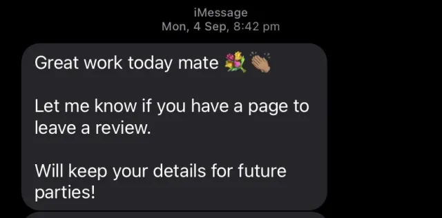 Parent text message review: 'Great work today mate'
