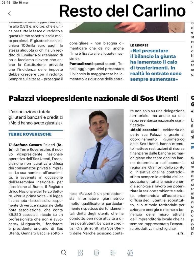 Articolo del Resto del Carlino su Stefano Palazzi vicepresidente di SOS Utenti