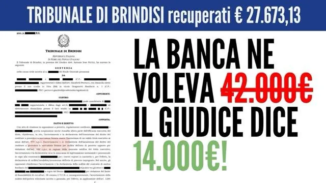 Tribunale di Brindisi, recuperati 27.673,13 euro: la banca ne voleva 42.000, il giudice dice 14.000