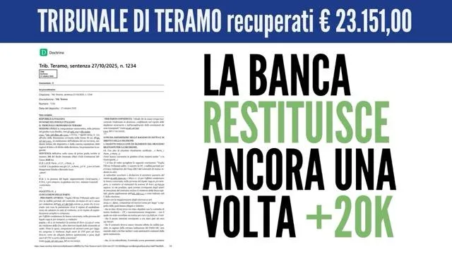 Tribunale di Teramo, recuperati 23.151 euro: la banca restituisce ancora una volta
