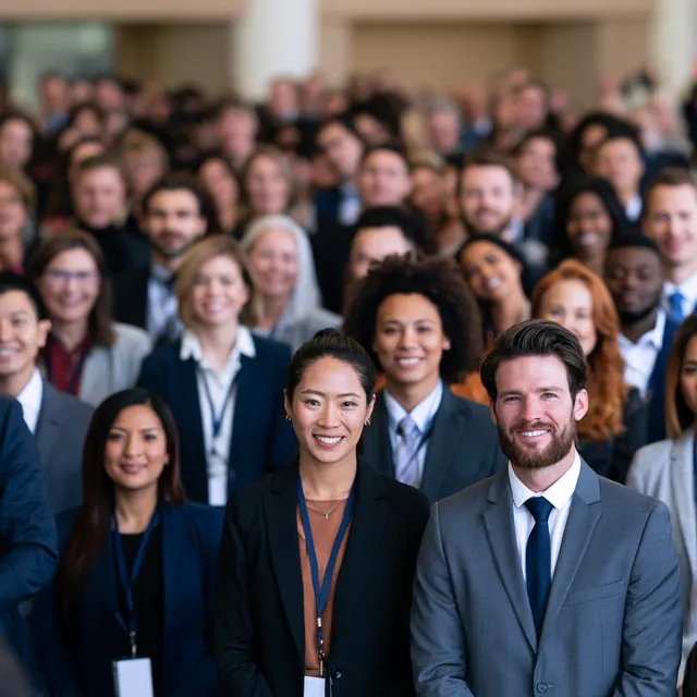 A large group of event professionals in business attire