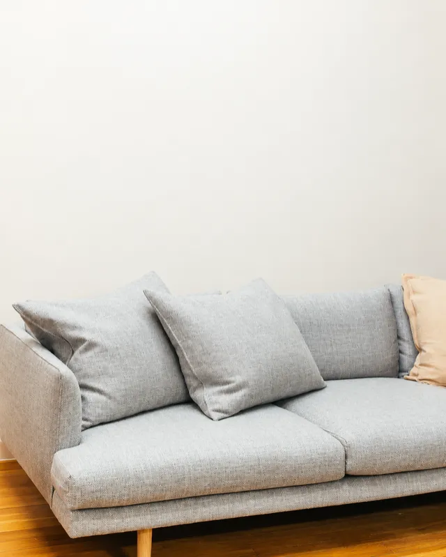 Grey sofa living room with a plain wall before adding Iris Art