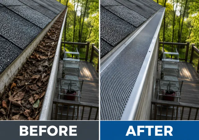 Rick’s Highlands Ranch gutter before and after micro-mesh guard installation, with the deck and ladder visible
