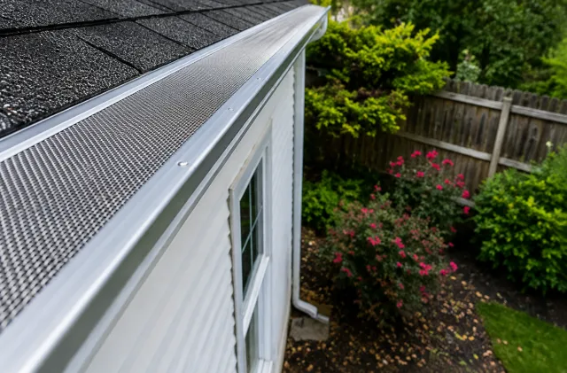 After: micro-mesh gutter guards along Barbara’s white-sided Littleton home and flower garden