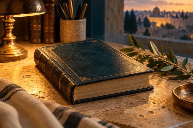 Symbolic illustration of a study book, olive branch and warm Jerusalem light; not a portrait or historic scene