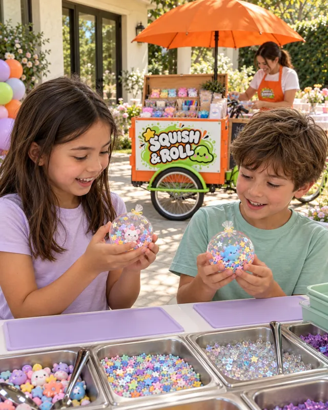 Two children comparing colorful finished squishies with the orange bike behind them