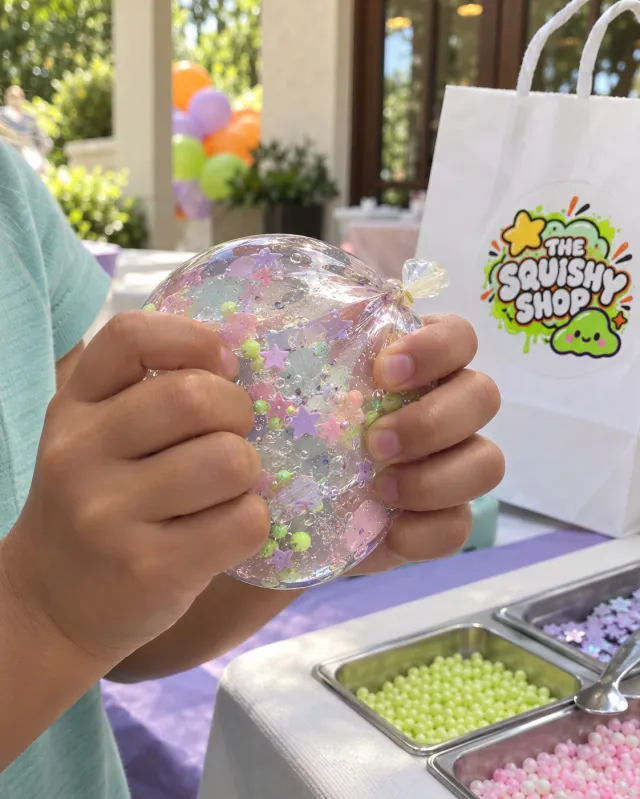Hands squeezing a clear squishy filled with pastel stars and beads
