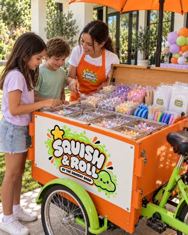 The orange and lime Signature Squish & Roll Bike with a host and children choosing mix-ins
