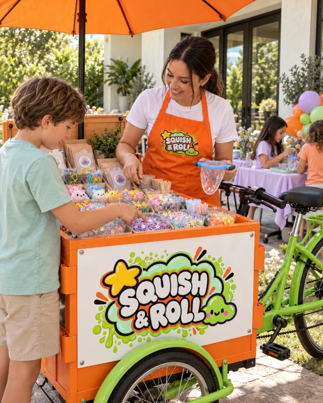 A child choosing lavender mix-ins at the branded Squish & Roll bike