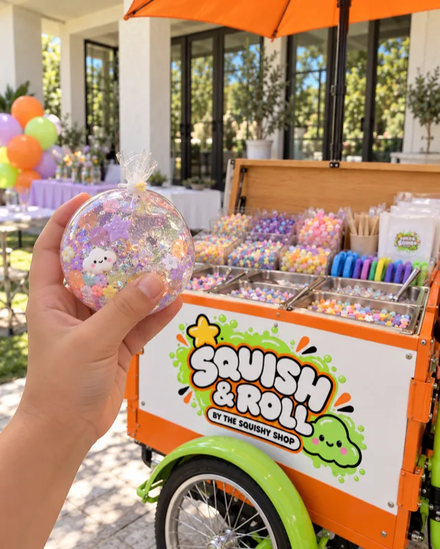 A finished star-filled squishy held in front of the branded orange bike
