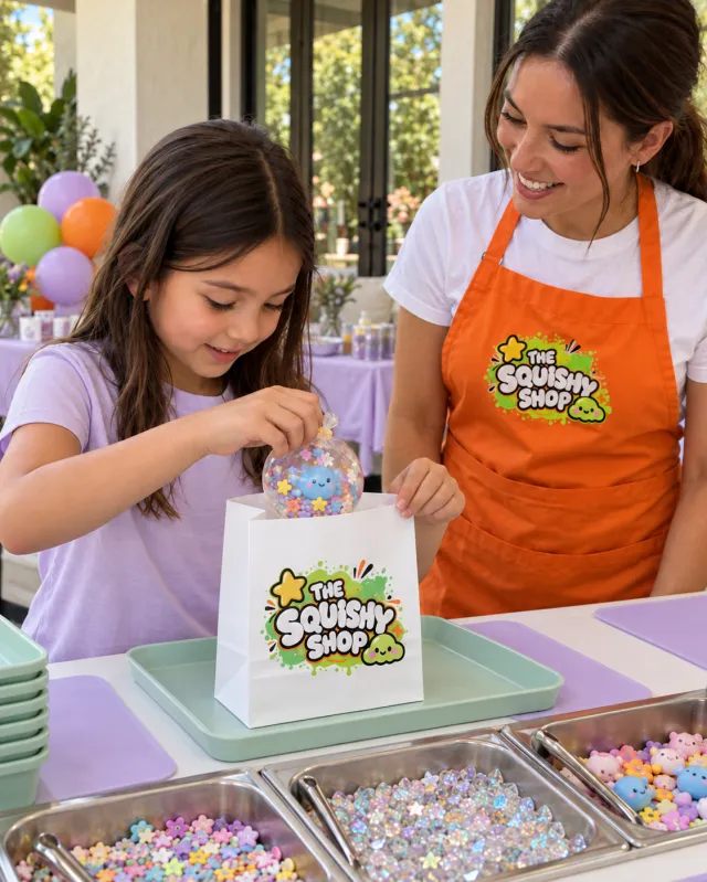 A child placing a finished squishy in a branded bag beside a host wearing The Squishy Shop apron