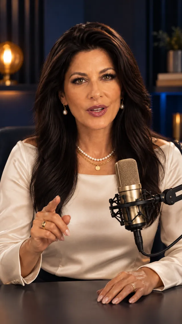 Digital Twin at a navy podcast desk with a gold microphone
