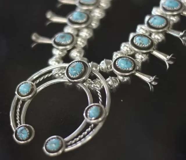 Sterling silver squash blossom necklace set with turquoise
