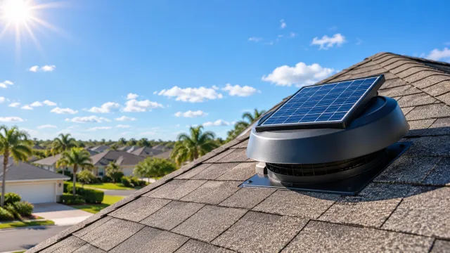 Solar-powered attic vent installed on a shingle roof