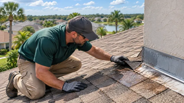 Roofer repairing shingles and flashing next to a wall to stop a leak